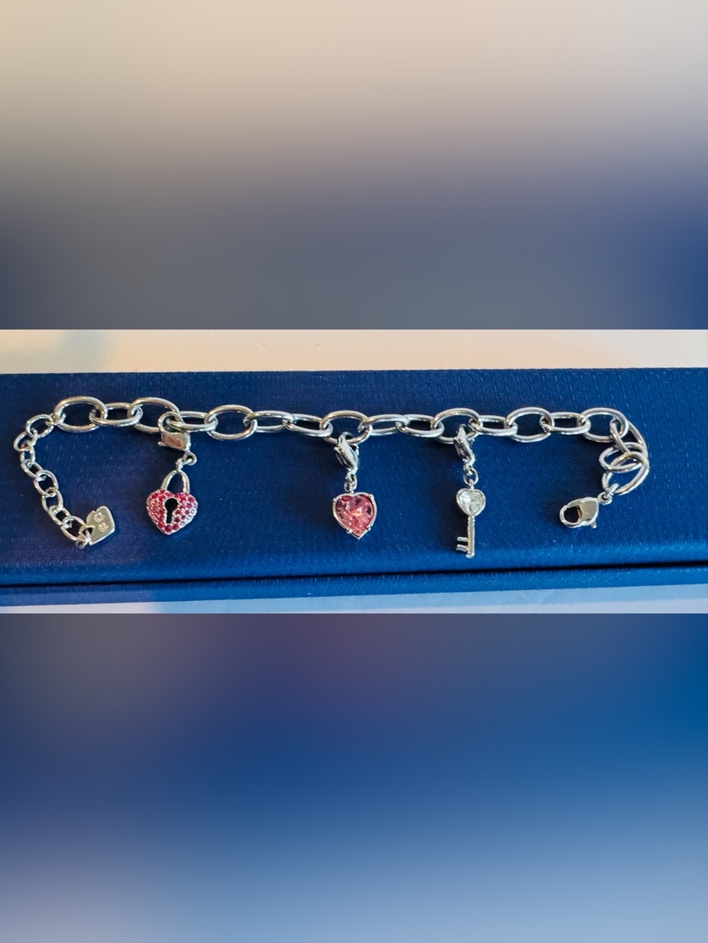 Authentic Retired Swarovski Amoretta Heart Key & Lock Bracelet 8 1/4” & 3 Charms
